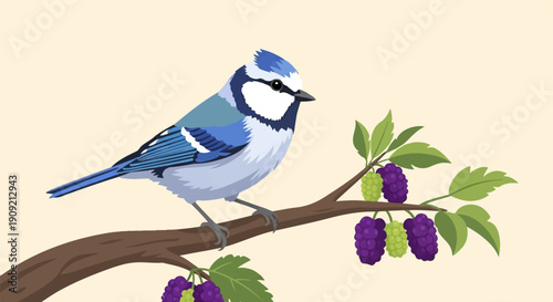 A blue jay rests on a branch with ripening berries