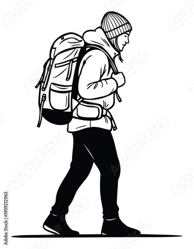 A determined traveler wearing a knit hat and heavy jacket walking with a large backpack, symbolizing adventure and discovery for outdoor activity and hiking enthusiast content.