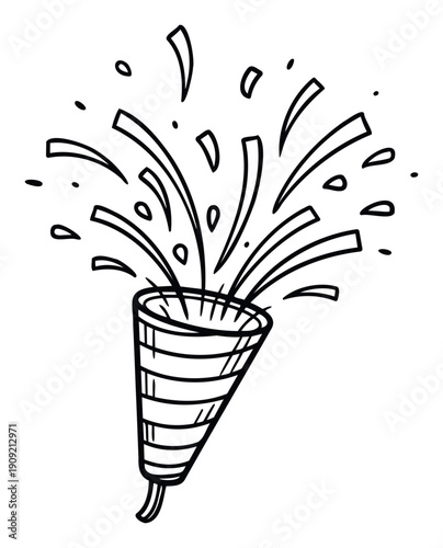Simple black outline drawing of a classic party popper bursting with confetti to symbolize joy and excitement making it suitable for invitations and event graphics.