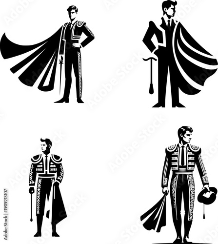 Vector illustration set of four matador characters in traditional costume, showing cultural performance and profession concept in sketch style. Simple hand drawn line art design, isolated on white bac