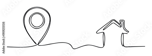 Minimalist single line drawing connecting a location pin with a house icon, symbolizing home delivery, real estate, or navigation services for business presentations and digital marketing.