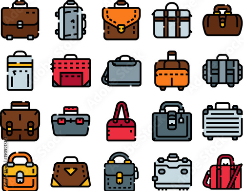 Icons illustrating a collection of various bags, including briefcases, suitcases, travel bags, and portfolios, perfect for representing business, travel, and personal accessories