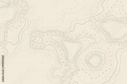 Light Beige Topographic Map with Red Hiking Trail Path