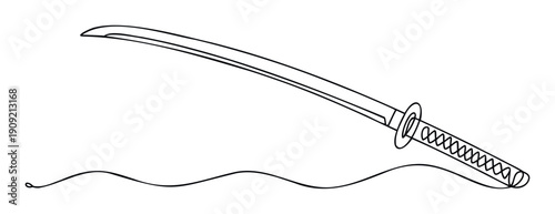 Dynamic line drawing of a traditional Japanese katana sword, a powerful symbol of martial arts and historical warrior culture, suitable for various educational and cultural graphic print