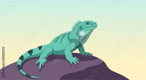 A blue iguana rests on a purple rock under a soft yellow and blue sky