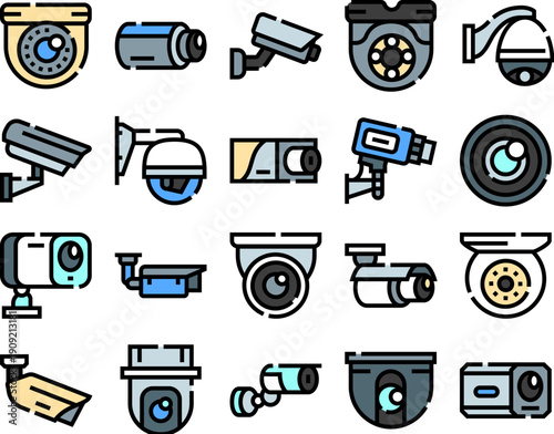 Collection of diverse security cameras icons depicting various types of closed circuit television systems, representing concepts of monitoring, protection, and modern technology in flat line style