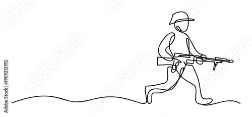 Continuous line drawing of a running soldier equipped with a rifle, ideal for military recruitment campaigns, historical war content, or defense industry promotions.