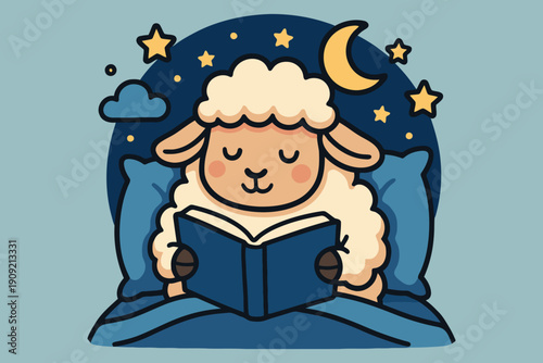 A whimsical sheep enjoying a storybook under the starry night sky