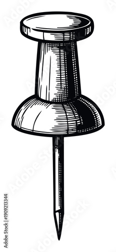 Engraving style pushpin graphic for office stationery and school supply themed projects or business presentation materials