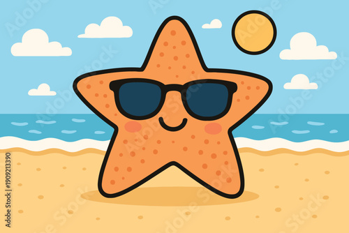 A cheerful starfish with sunglasses enjoying a sunny beach day by the ocean