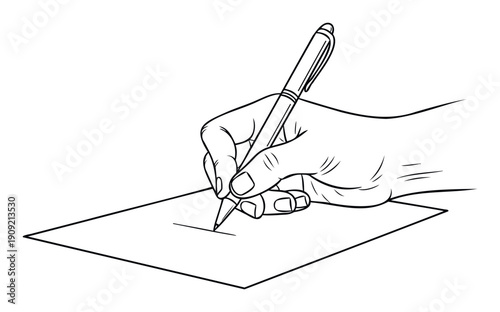 Persons hand holding a pen and writing on a blank piece of paper, perfect for business concepts, education materials, or communication visuals requiring a clear action representation