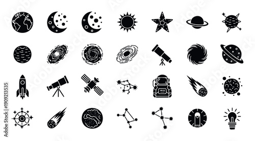 Collection of astronomy and space exploration icons for educational materials, science websites, technology applications, or cosmicthemed graphic projects.