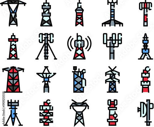Collection of colorful line icons depicting various types of communication towers, broadcasting antennas, and radio masts representing modern telecommunication networks