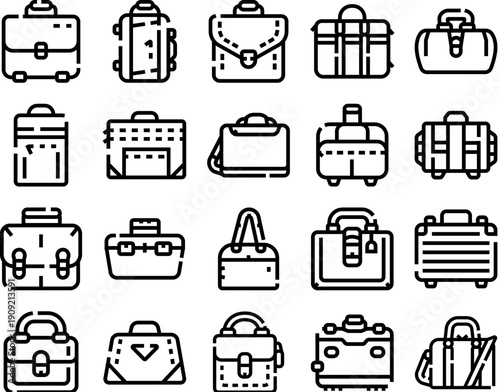 Collection of outline icons representing different types of bags including briefcases, suitcases, travel bags, and fashion accessories, ideal for web and app design