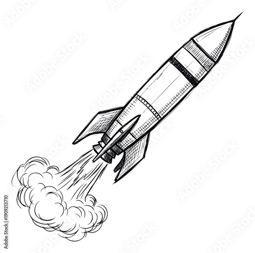 A dynamic hand drawn sketch of a rocket launching into space, symbolizing new beginnings and technological advancement for business presentations or educational materials.