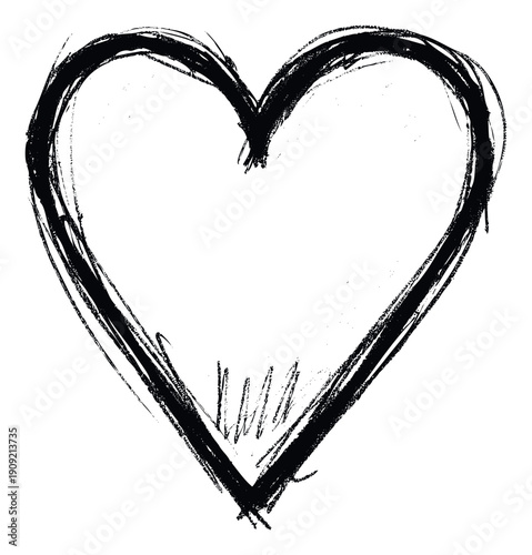 Hand drawn black heart symbol with a rough textured brushstroke appearance perfect for creating emotional graphic expressions or decorative accents