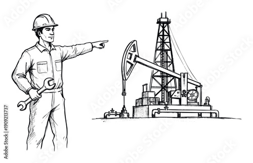 Professional oil field worker in a hard hat holding a wrench and pointing towards a functional oil derrick and a working pumpjack, perfect for energy industry publications and industrial
