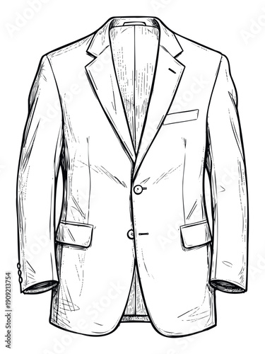 Classic mens formal jacket outline with prominent lapels and functional pockets perfect for clothing collection planning, garment component guides, or textile industry publications