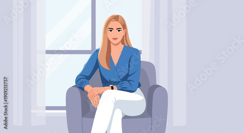 A blonde woman in a blue blouse and white pants sits in a chair