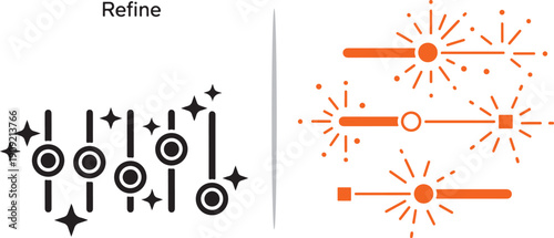 Two sets of adjustment sliders—one black with stars and one orange with radiant sunbursts—symbolizing "Refine" settings for precision tuning, audio mixing, and creative digital filtering.