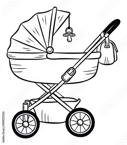 Detailed line drawing of a classic baby stroller with a bassinet, canopy, and hanging pacifier, perfect for parenting guides, nursery decor, and infant product marketing materials