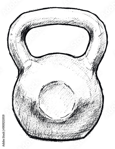 Dynamic black and white charcoal style drawing of a kettlebell representing power and strength ideal for sports apparel branding fitness education and workout posters.