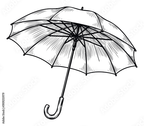 Hand drawn sketch of an open umbrella providing shelter from rain, suitable for weatherrelated graphics, seasonal designs, or safety campaign visuals for various media projects.