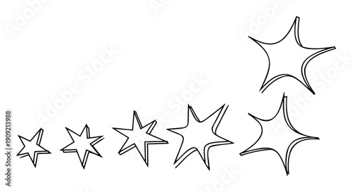 A collection of stylized starburst shapes featuring prominent double outlines, dynamically increasing in size for lively pop art graphic projects, energetic designs, and celebratory event