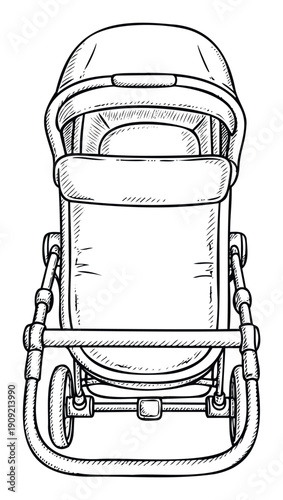 A monochrome line drawing showcasing a baby stroller from a front perspective, useful for parenting resource guides, nursery planning, or childrens product branding.