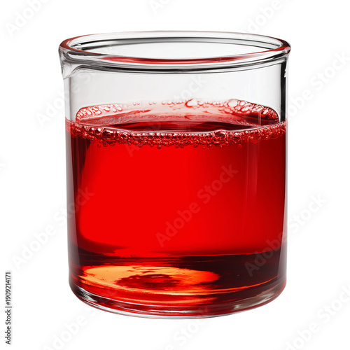 Glass beaker filled with vibrant red liquid and foam isolated on a transparent background image