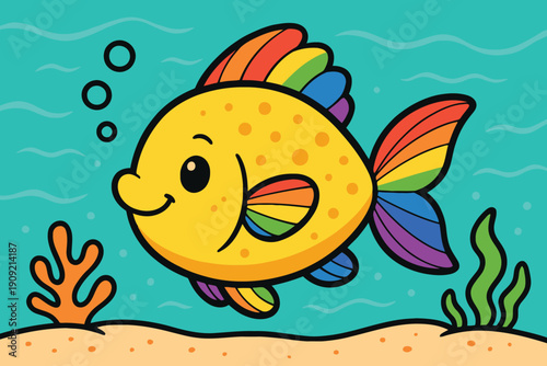 A cheerful cartoon fish swimming near colorful underwater plants and bubbles