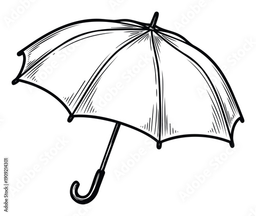 Detailed hand drawn sketch style open umbrella graphic useful for weather protection themes and rainy day forecast media resources.