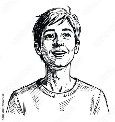 Expressive hand drawn sketch of a smiling young man looking up, conveying optimism and aspiration, suitable for motivational publications and youth development projects.