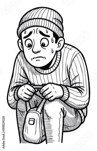 A distressed individual in a beanie and striped sweater, sweating and clutching a small bag, symbolizing worry, poverty, or emotional struggle for social awareness and educational content.