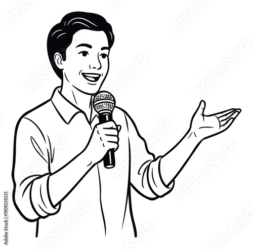 A smiling young man confidently speaks into a microphone while gesturing with his open hand, ideal for conveying effective communication, lively events, public addresses, or motivational
