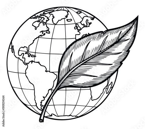 Classic writing quill feather symbolizing literature, journalism, and education gracefully resting upon a world globe, ideal for publishing, news, or global communication themes.