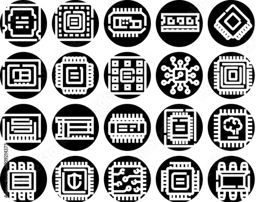 Collection of computer microchip and processor icons depicting integrated circuits, motherboards, cpus and digital hardware symbols for technology, computing, networking and data processing