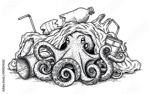 Octopus trapped in ocean plastic pollution with discarded bottles and bags, ideal for environmental awareness campaigns and conservation education materials.