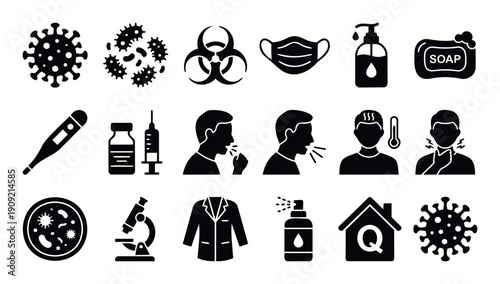 Comprehensive collection of black glyph icons representing health, medical care, virus prevention, disease symptoms, and treatment for public health awareness campaigns and educational