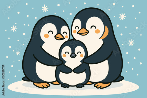 Three adorable penguins huddling together in a snowy winter landscape.