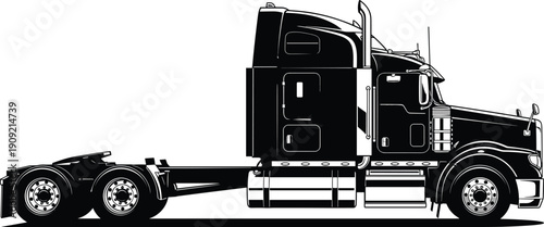 Semi-truck silhouette illustration, tractor unit side profile cab sleeper exhaust wheels chassis freight transport design, vector artwork, logistics and commercial vehicle theme, isolated background