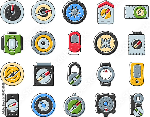 Various compasses and navigation devices on white background representing orientation, travel, exploration, discovery, mapping, gps and direction finding tools for outdoor adventure and navigation