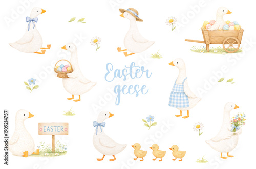 WATERCOLOR EASTER GEESE CLIPART SET WITH FARMHOUSE GOOSE, DUCKLINGS, EGGS AND SPRING FLORAL ELEMENTS