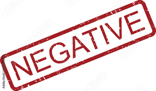 A dynamically tilted red rubber stamp bearing the word NEGATIVE diagonally across a bright white canvas