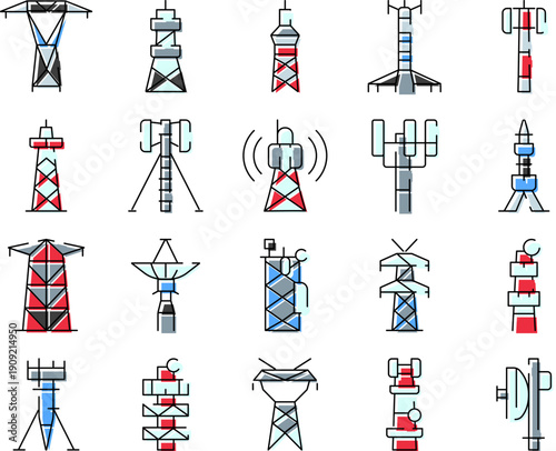 Variety of communication towers, pylons, and antennas representing connection, broadcasting, and global network infrastructure for telecommunication and electric power