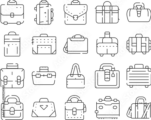 Different types of professional briefcases, business bags, and travel luggage icons displaying a collection of accessories for office work, documents, and journeys