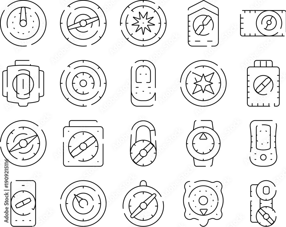 Naklejka premium Compasses and navigation tools display various designs and functions, representing direction, exploration, and geographic orientation for travel and adventure planning