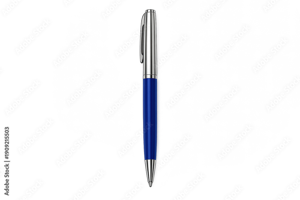 Fototapeta premium Realistic ballpoint pen with blue barrel on neutral background
