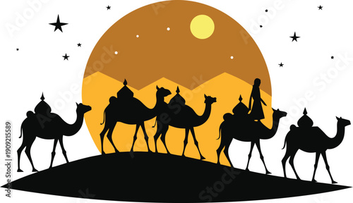 Silhouette of camel caravan at sunset isolated on transparent background, Vector, illustration