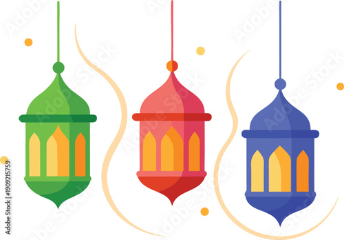 Three colorful lanterns hanging isolated on transparent background, Vector, illustration